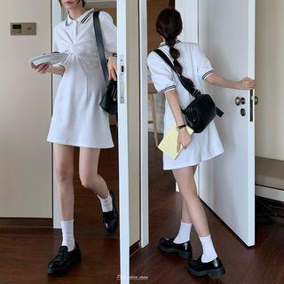 Short-sleeve Collar Mini A-line Knit Dress White - One Size