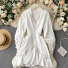 V-neck Puff-sleeve Faux Pearl Dress