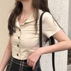 Short-sleeve Button-up Crop Top Almond - One Size