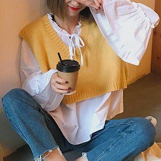 Plain Lace-up Flare-sleeve Blouse / Plain V-neck Vest