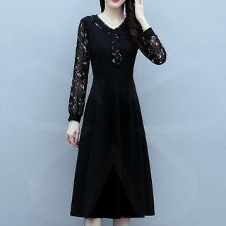 Long-sleeve Dotted Floral Panel A-line Dress