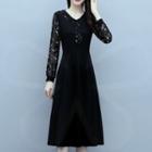 Long-sleeve Dotted Floral Panel A-line Dress
