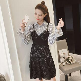Set: Pinstripe Long-sleeve Blouse + Lace Spaghetti Strap Dress