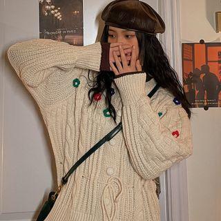 Floral-accent Cardigan Almond - One Size