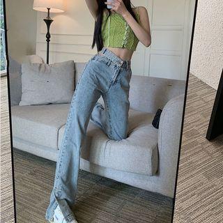 High Waist Slit Straight Leg Jeans / Crop Camisole Top