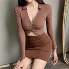 Set: Long-sleeve Shirred Polo Shirt + Pencil Skirt