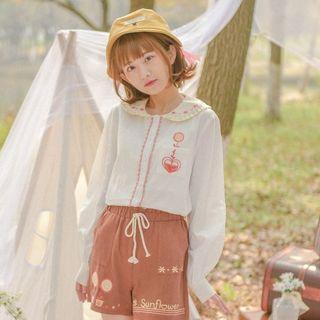 Pleated Trim Flower Embroidered Shirt