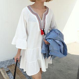 Split-neck 3/4-sleeve A-line Dress