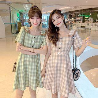 Square Neck Plaid Buttoned A-line Dress