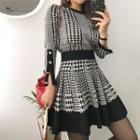 Set: Buttoned Houndstooth Knit Top + Mini Flare Skirt