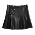 Pleated Slit Faux Leather Mini A-line Skirt