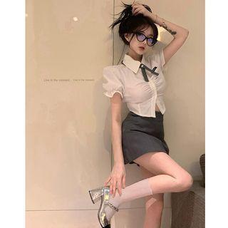 Puff-sleeve Skinny Crop Shirt / High-waist Mini Skirt