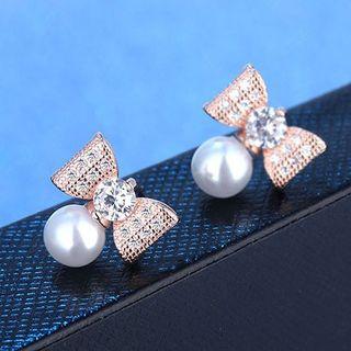 Bow Accent Faux Pearl Drop Earrings
