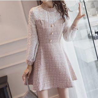 Long-sleeve Feathered Paneled Tweed A-line Mini Dress