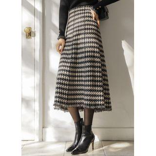 Fringe-hem Houndstooth Midi Skirt Black - One Size