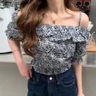 Short-sleeve Floral Print Cold-shoulder Blouse White Floral - Black - One Size