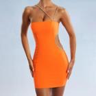 Asymmetrical Rhinestone Strap Cutout Bodycon Dress