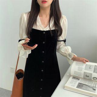 Long-sleeve Mock Two-piece Button-up Midi Dress Black - One Size