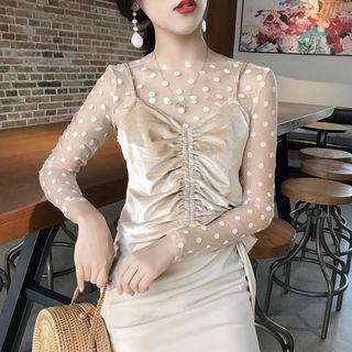 Dotted Long-sleeve Mesh Top / Spaghetti Strap Ruched Velvet Top