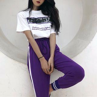 Lettering Short-sleeve T-shirt / Contrast Trim Sweatpants