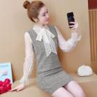 Set: Tie-neck Mesh Blouse + Plaid Jumper Dress