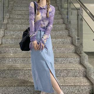 Long-sleeve Tie-dye Print Top Purple - One Size