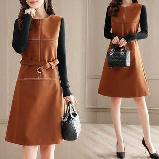 Set: Long-sleeve Knit Top + Belted Sleeveless Dress