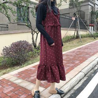 Frill Trim Dotted A-line Midi Spaghetti Strap Dress