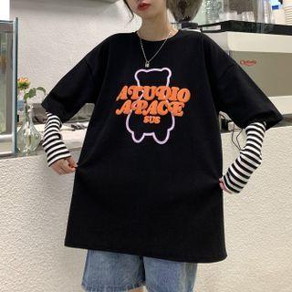 Mock Two Piece Long-sleeve Bear Print T-shirt