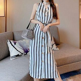 Sleeveless Striped Buttoned Midi Dress