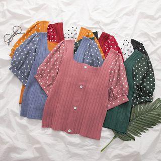 Short-sleeve Dotted Paneled Knit Top