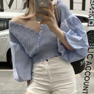 Puff-sleeve V-neck Ruched Blouse