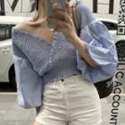 Puff-sleeve V-neck Ruched Blouse