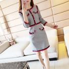 3/4-sleeve Contrast Trim Houndstooth Sheath Dress