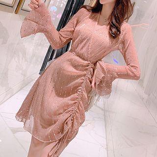 Long-sleeve Glitter Drawstring Mesh Mini Dress