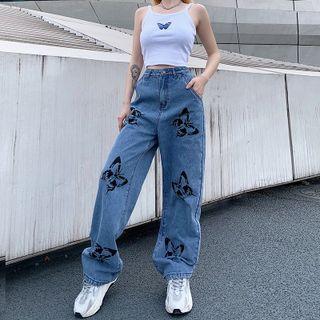 Butterfly Print Straight-cut Jeans