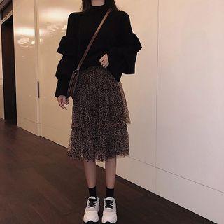 Tiered Sleeve Sweater / Leopard Print Tiered Midi Skirt