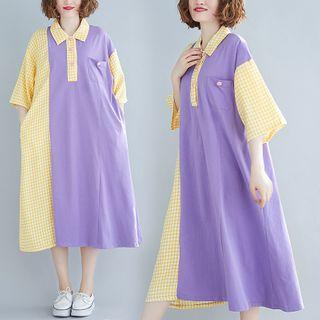 Elbow-sleeve Gingham Panel Midi Polo Dress Purple - One Size