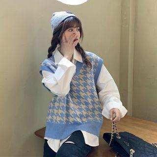 V-neck Houndstooth Sweater Vest / Long-sleeve Shirt