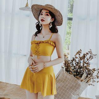 Set: Lace-up Tankini Top + Swim Skirt + Lace Cover Up