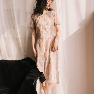 Short-sleeve Embroidered Printed Midi Qipao
