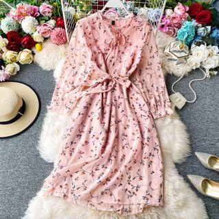Floral Print Tie-waist Long-sleeve Dress