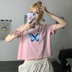 Butterfly-print Short-sleeve Cropped T-shirt