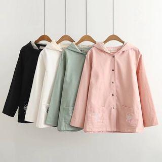Cat Print Back Embroidered Hooded Jacket