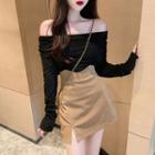 Long-sleeve Off-shoulder Top / High-waist Faux Leather Mini Pencil Skirt
