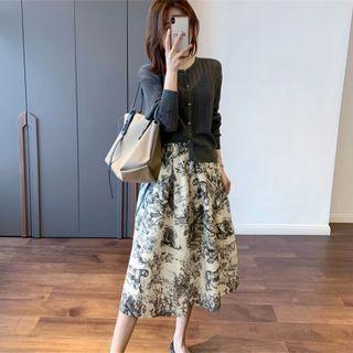 Set: Button-up Plain Knit Cardigan + Printed A-line Skirt