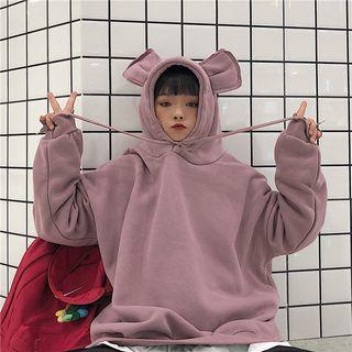 Mock Two-piece Bear Ear Accent Hoodie Mauve Pink - One Size