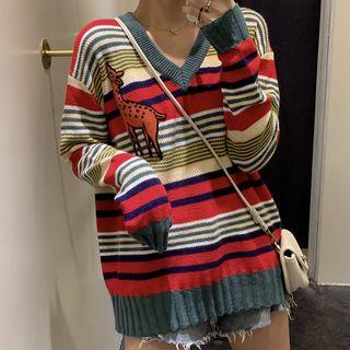 Animal Embroidery Striped Knit Top As Shown In Figure - One Size