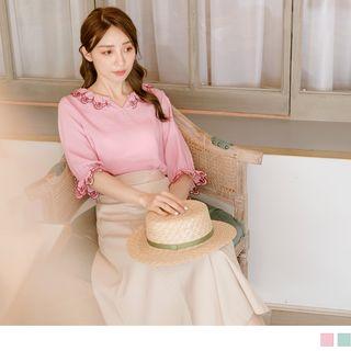 Short-sleeve Flower Embroidered Ruffled Blouse
