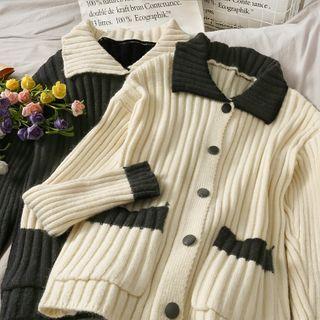 Colorblock Button-down Rib-knit Sweater
